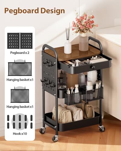 ALVOROG 3 Tier Metal Rolling Cart with Drawer,Wood Top,Pegboards,Black | Storage Utility Cart with Drawers,Pegboards,Lockable Wheels,Baskets,Hooks for Kitchen,Office,Bedroom,DIY Supplies - color: Black