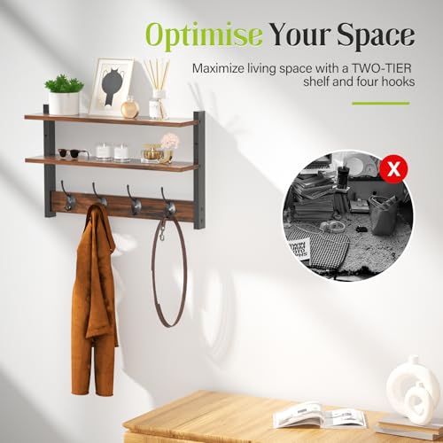 Two-Tier Wall Shelf with Hooks, 17" Coat Rack Wall Mount with Shelf, Key Hooks for Wall with Heavy Duty Double Hooks, Coat Hook Wall Mounted for Bedroom, Living Room, Rustic Brown - color: Brown-1 Pack