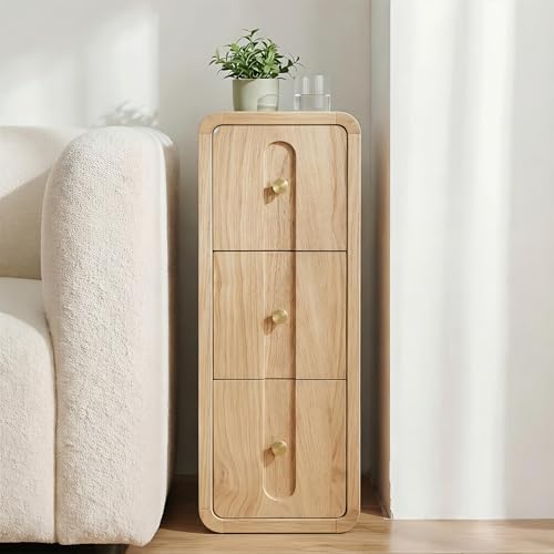 Narrow Nightstand with 3 Drawers, Small Bedside Table, Mid Century Modern Skinny Night Stand with Storage, Wood Slim Side Table for Bedroom, Small Spaces, Living Room (Natural-1pcs)