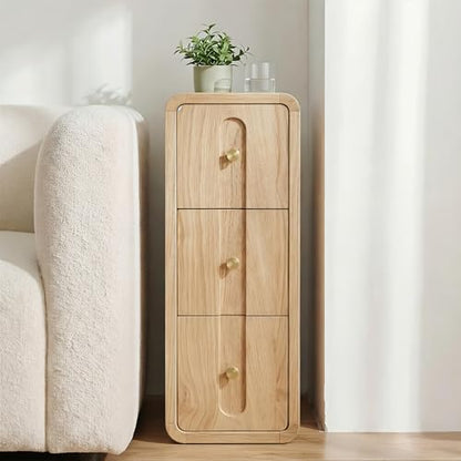 Narrow Nightstand with 3 Drawers, Small Bedside Table, Mid Century Modern Skinny Night Stand with Storage, Wood Slim Side Table for Bedroom, Small Spaces, Living Room (Natural-1pcs)