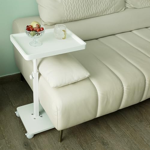 YYW Adjustable C-Shaped End Table with Removable Wheels & Convertible Base - 360° Swivel Height-Adjustable (17.7"-31.5") Sofa/Bedside Table, Minimalist Solid Colors for Modern Spaces (White) | Removable Wheels, 360° Swivel, Convertible Base, Minimalist So