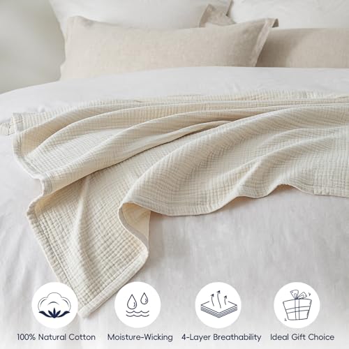 PHF 100% Cotton Muslin Throw Blanket 50" x 60", 4-Layer Lightweight and Breathable Blanket, Luxuriously Soft Gauze Throws for Couch Bed Sofa, Ideal Gift Choice, Oat Milk (Pack of 2) - color: Oat Milk, size: Throw(50"X60") (Pack of 2)