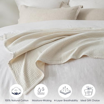 PHF 100% Cotton Muslin Throw Blanket 50" x 60", 4-Layer Lightweight and Breathable Blanket, Luxuriously Soft Gauze Throws for Couch Bed Sofa, Ideal Gift Choice, Oat Milk (Pack of 2) - color: Oat Milk, size: Throw(50"X60") (Pack of 2)