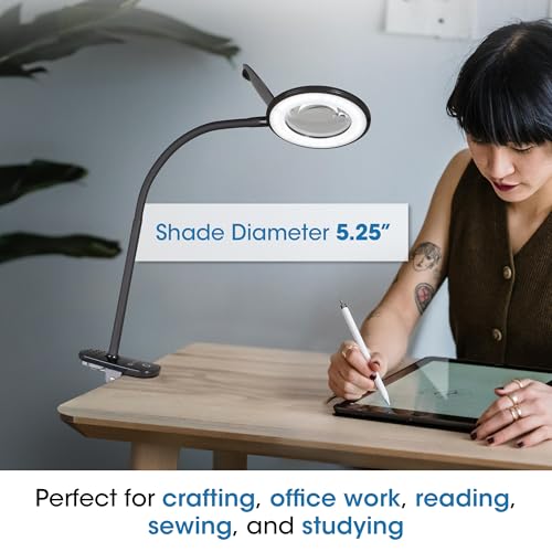 OttLite LED Clip-On Magnifier Lamp with Optical Grade Magnification, Black | ClearSun LEDs | 1.75x Optical Grade Magnifier with 4x Spot Viewer | Sturdy Clip | 3 Brightness Settings - color: Black
