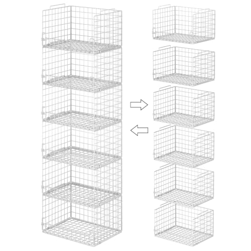6-Tier Stackable Closet Organizers and Storage Basket - Foldable Closet Shelf Organizer System, Sturdy Metal Space-Saving Clothes Storage Bins for Wardrobe, White - color: White, size: 6-Tier