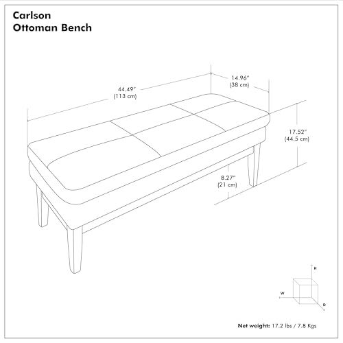 SIMPLIHOME Carlson 45" Wide Vegan Leather Rectangle Ottoman in Black | Distressed black, mid-century modern ottoman bench with a padded seat for bedroom or living room; footstool, footrest. - color: Distressed Black, style: Ottoman Bench