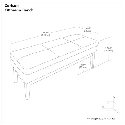 SIMPLIHOME Carlson 45" Wide Vegan Leather Rectangle Ottoman in Black | Distressed black, mid-century modern ottoman bench with a padded seat for bedroom or living room; footstool, footrest. - color: Distressed Black, style: Ottoman Bench