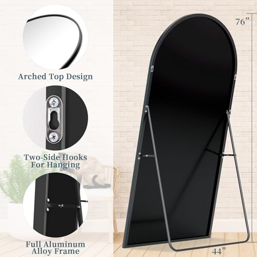 Full Length Mirror with Stand, 76"x44" Arched Full Body Mirror, Large Stand Up Mirrors, Aluminum Frame Floor Standing Mirrors, Freestanding Hanging Leaning Mounted for Bedroom Living Room Black - color: Black, size: 76"L x 44"W