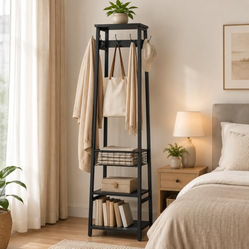 Coat Rack with Metal Basket and Storage Shelves | Coat Stand Freestanding, Hall Tree With and 7 Hooks, Clothes Rack Stand Organizer, Black - color: Black, style: 2 Shelves + 1 Basket