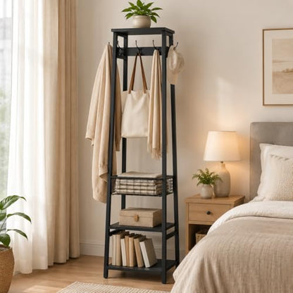 Coat Rack with Metal Basket and Storage Shelves | Coat Stand Freestanding, Hall Tree With and 7 Hooks, Clothes Rack Stand Organizer, Black - color: Black, style: 2 Shelves + 1 Basket