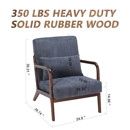 Mid Century Modern Accent Chair with Solid Rubber Wood Frame, Comfy Corduroy Reading Armchair with Lumbar Pillow, 350 LBS Heavy Duty Lounge Chair for Bedroom, Living Room & Small Spaces - color: Vintage Grey (Corduroy + Rubberwood), size: 1-Piece