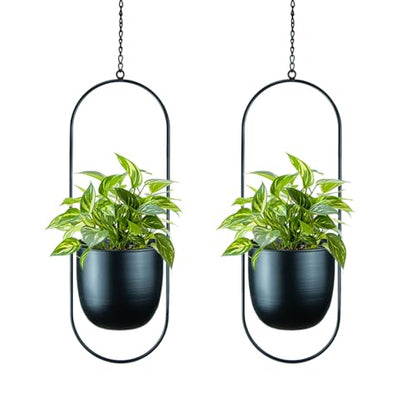 Modern Metal Hanging Planters with 6 Inch Pots and Sturdy Rods - Set of 2 Oval Geometric Plant Hangers - Black Wall and Ceiling Mount Flower Holders for Indoor and Houseplants - size: OVAL-6 INCH POT
