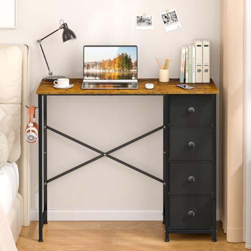Small Computer Desk with 4 Fabric Drawers, 36 Inch Reversible Writing Desk for Home Office Bedroom, Modern Simple Kids Student Study Desk with Storage, Compact Desk for Small Spaces, Rustic Brown - color: Brown