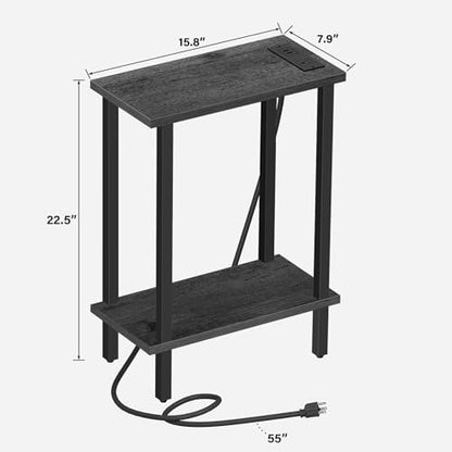 TUTOTAK Narrow Side Table, 2-Tier Small End Table with Charging Station | Skinny Sofa Table, Slim Nightstand, Easy Assembly for Living Room, Bedroom, Grey TB01BY060 - color: Charcoal Grey, size: 2-tier
