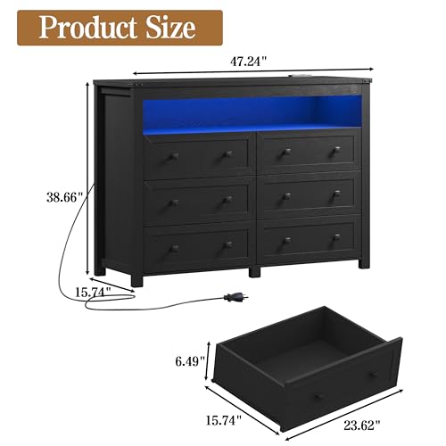 Black Dresser 6 Drawer Dressers for Bedroom with LED Lights, Charging Station, Wood Chest of Drawers with Metal Handles, Modern TV Stand Storage Cabinet for Living Room, Hallway, Entryway - color: Black, style: LED 6 Drawers