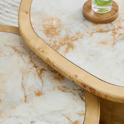 Nesting Coffee Table Set of 2 with Sintered Tabletop, Natural | 29.13" & 23.38" Modern Irregular Kitchen Table, Burl Wood Veneer, Sturdy MDF Pedestal Base for living Room, Easy Assembly - color: 29.13" & 23.38", Natural
