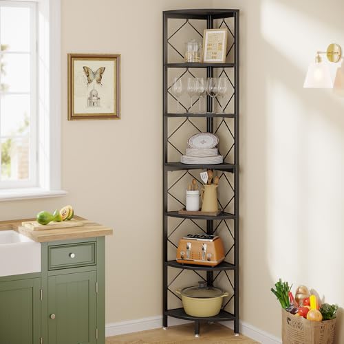 Tribesigns 7-Tier Corner Shelf, 78.7” Extra Tall Corner Bookcase, Industrial Slim Corner Bookshelf for Small Narrow Space, Wood Corner Shelf Stand Storage Rack for Living Room, Home Office - color: Black