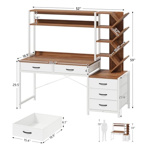 52" Computer Desk with Bookshelf, 5 Drawers ＆ Hutch for Bedroom | Office Desk with Printer Shelf, Study Writing Desk with Storage Shelves, Brown and White - color: Brown and White