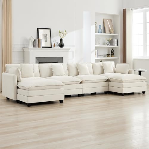 147'' Sectional Cloud Deep Seat Couch, Oversized Chenille U Shaped Sectional Sofa for Living Room Set, Comfy Upholstered Modular Sectional Sofa Couch with 2 Movable Ottoman, Beige - color: Beige, size: 147'' U Shape