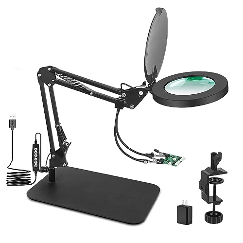 Magnifying Glass with Light, EOOKU 3-in-1 Magnifying Desk Lamp 5X LED Magnifying Lamp with Heavy Base & Clamp, 5 Color Modes Stepless Dimmable, Magnifier Light for Soldering Craft Workbench