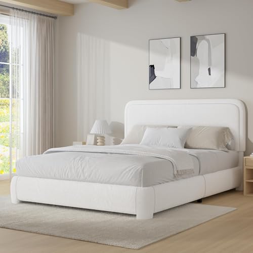 BarnFurin Full Bed Frame, Cloud Boucle Headboard, Rounded Corners, White | Soft boucle and rounded edges create a low-profile cloud look. Wooden slats support the mattress without a box spring - color: White, size: Full
