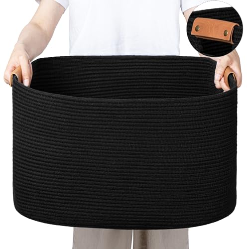 Large Blankets for Living Room, 72 L Woven Cotton Rope Baskets for Storage, Organizing Kids Toys & Dog Toys, Large Basket Organizer for Nursery, Bedroom, Bathroom, 22’’*17’’*11.8’’ Black - color: Black, size: 72L