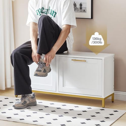 HOOBRO Shoe Bench with Storage, Shoe Storage Bench with 2 Flip Drawers, 39.4" Shoe Cabinet with Bench, Hidden Shoe Rack Organizer for Entryway, Foyer, Hallway, White and Gold DW48HX01