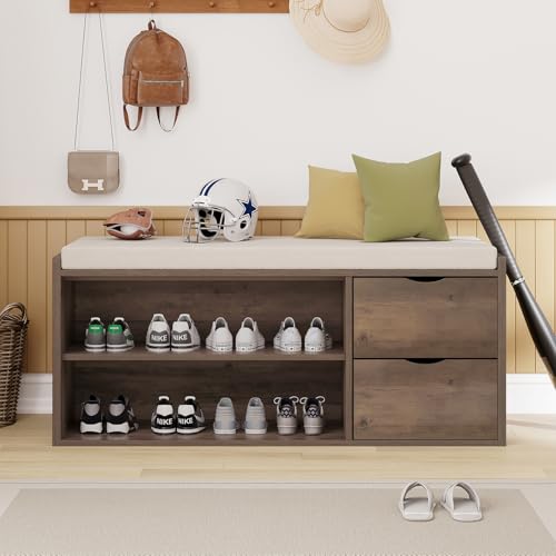 LVB Entryway Bench with Storage, 40" Shoes Bench with Padded Cushioned Seat | Farmhouse Shoe Bench with 2 Drawers Cabinet Shelf, Industrial Wood Shoe Rack Bench for Living Bedroom, Rustic Oak - color: Rustic Oak