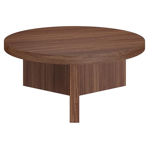 Henn&Hart 36" Scandinavian Fluted Coffee Table, Medium Walnut | Ribbed pedestal base and low profile bring Scandinavian style to small spaces including living rooms or family rooms - color: Medium Walnut, size: 36 inches
