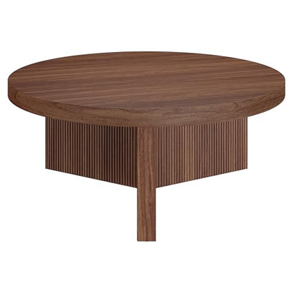 Henn&Hart 36" Scandinavian Fluted Coffee Table, Medium Walnut | Ribbed pedestal base and low profile bring Scandinavian style to small spaces including living rooms or family rooms - color: Medium Walnut, size: 36 inches