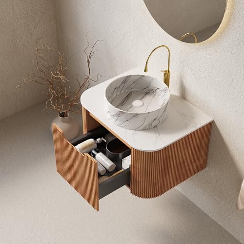24” Floating Bathroom Vanity with Sink, Fluted Wall-Mounted Solid Wood Cabinet, Marble-Pattern Ceramic Round Basin, Faux Marble Top, Soft-Close Drawer, Pre-Assembled, Natural Woodgrain - color: 01 - Natural Woodgrain, size: 24"