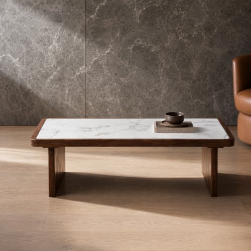 47.24" Solid Wood Coffee Table with Sintered Stone Top, Mid-Century Modern Design, Walnut Living Room Tea Center Table - color: Style 5: White Walnut