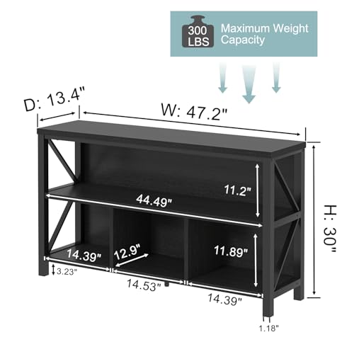 EXCEFUR Modern Black Horizontal Bookshelf, Industrial Wood & Metal Bookcase, Low Wide Book Shelf 4 Cube Storage Organizer for Living Room Bedroom Office, 47 Inch - color: Black