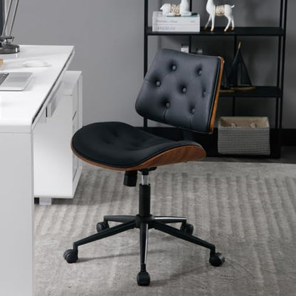 Armless Home Office Chair in Button Style, PU Leather Small, Black | PU Leather Adjustable Height Computer Desk Chair, 360 Swivel Small No Arms Office Seat, Walnut Design Stool, 300LBS Cap - color: Black, size: Button Style