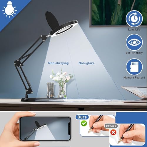 15X Magnifying Glass with Light & Stand,Real Glass,RTM Safety Protection,5 Colors Stepless Dimmable Eye-Caring LED,2-in-1 Hands-Free Desk & Clip-On Magnifier for Reading Crafts Painting & Repair