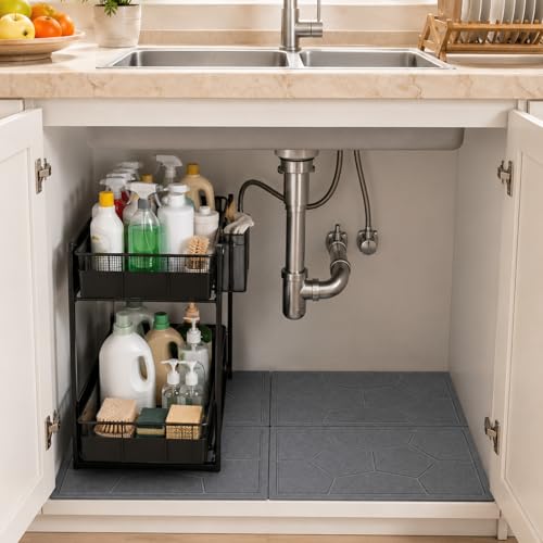 Stone Under Sink Mat,Quick Drying Diatomite Stone Kitchen Cabinet Protector Suitable for 34" x 22", Spliceable Design Super Absorbent Non-Slip Shelf Liner Pad for Bathroom Organizer and Storage