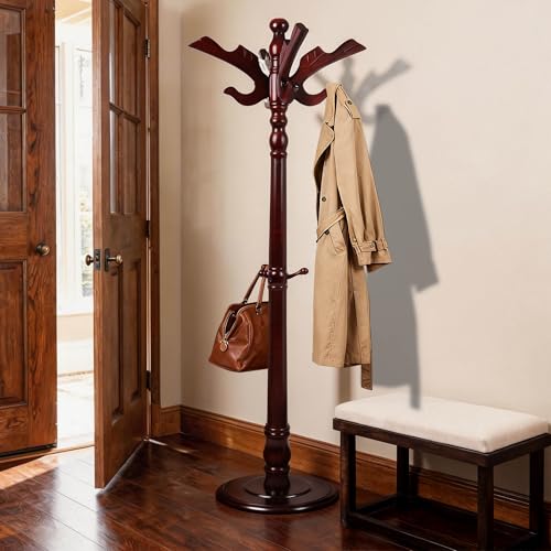 Wooden Coat Rack Freestanding with 11 Hooks, Adjustable Height Coat Tree Free Standing Heavy Duty for Entryway, Easy Assembly Solid Wood Sturdy Coat Hats Hanger Stand for Office Hallway Bedroom - color: Redwood-Solid Wood Hook A