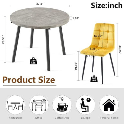 Homedot Modern Kitchen Table Set with 4 Chairs, Grey Faux Wood Table with Hooks, Upholstered Velvet Yellow Dining Chairs for Restaurant, Dining Room - color: Yellow, size: 1* Grey Round Table+4*Chair