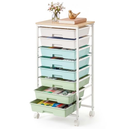 VASAGLE 8-Drawer Rolling Storage Cart, Utility Cart with Wheels and Wood Top, Craft Organizer for Office and Home, 15.6 x 11.2 x 30.1 inch, Green and White, Benco Collection ULRC006C101 - color: Green + White, size: 8 Drawer