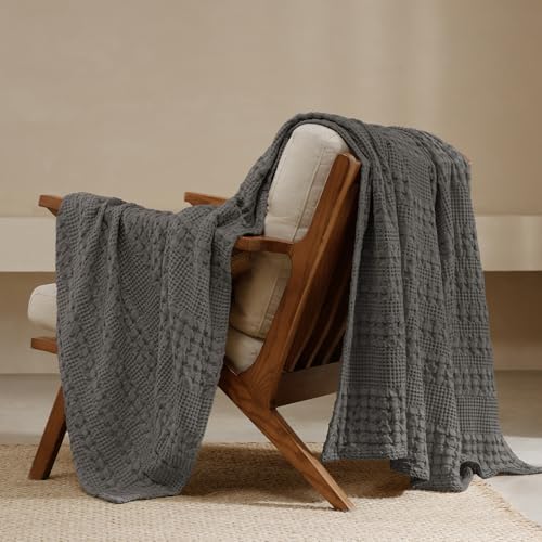 PHF 100% Cotton Waffle Weave Throw Blanket, Lightweight Breathable Summer Blanket for Couch Sofa, Pre-Washed Soft Throws for Bed, Office, Travel & Stylish Home Decor, 50"x60", Charcoal Grey - color: 13 Charcoal Grey, size: Throw(50"x60")