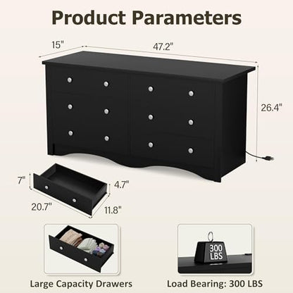 YESHOMY Black Dresser, 6 Drawers Dresser for Bedroom, Modern Chest of Drawers, Wooden Dressers, TV Stand for Living Room,Closet, Hallway