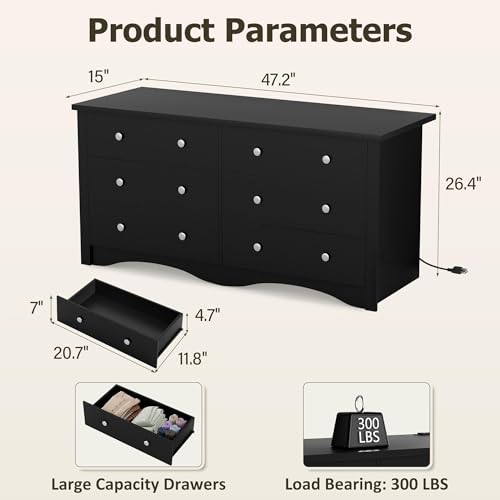 YESHOMY Black Dresser, 6 Drawers Dresser for Bedroom, Modern Chest of Drawers, Wooden Dressers, TV Stand for Living Room,Closet, Hallway