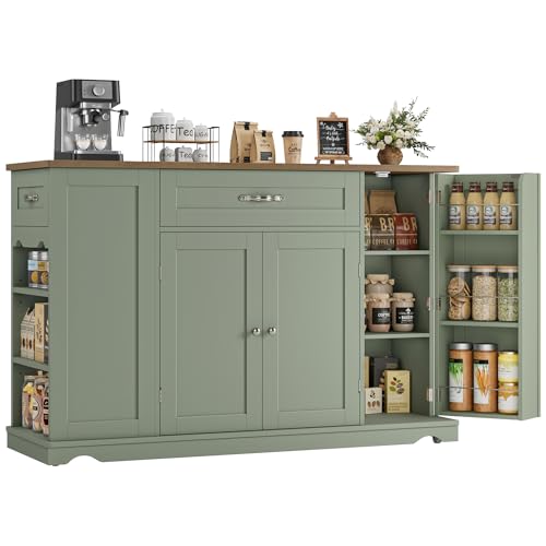 HOSTACK 47" W Kitchen Island Cart with Storage, Rolling Island Table, Green | Mobile Kitchen Storage Islands on Wheels with 2 Drawers, Adjustable Shelves, Movable Buffet Cabinet for Dining room - style: Green + Rustic Brown