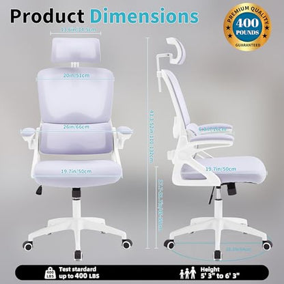 Ergonomic Office Chair,Mesh Office Chair with Lumbar Support,High Back Desk Chair with Flip-up Arms,400 lbs Big and Tall Computer Chair with Headrest,Comfy Desk Chairs (Lavender) - color: Lavender