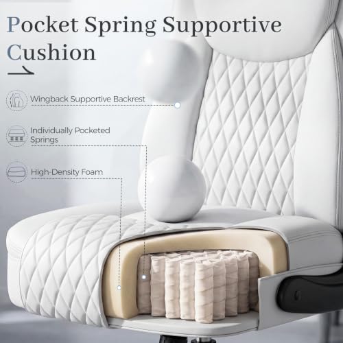 GTPOFFICE Executive Office Chair with Comfortable Lumbar Support, Ergonomic Gaming Chair with Flip-up Armrests & Zoned Pressure-Relief Cushion, Comfy PU Leather Desk Chair, White - color: White