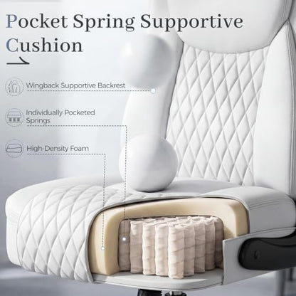 GTPOFFICE Executive Office Chair with Comfortable Lumbar Support, Ergonomic Gaming Chair with Flip-up Armrests & Zoned Pressure-Relief Cushion, Comfy PU Leather Desk Chair, White - color: White