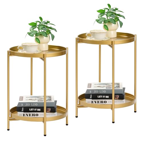 2-Tier Round End Side Table, Set of 2, Small Metal Side Table with Removable Tray, Folding Accent Tables for Living Room, Balcony, Nightstand for Bedroom, Outdoor Tables for Patio, Gold - color: Gold 2pcs