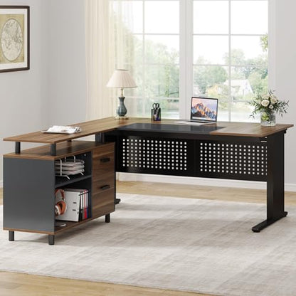 Tribesigns 63 Inch Executive Desk with Filing Cabinet, L Shaped Office Desk | Large Office Desk with File Drawer, L Shaped Desk with Storage, Computer Desk for Home Office, Easy Assembly, Brown and Black - color: Brown and Black