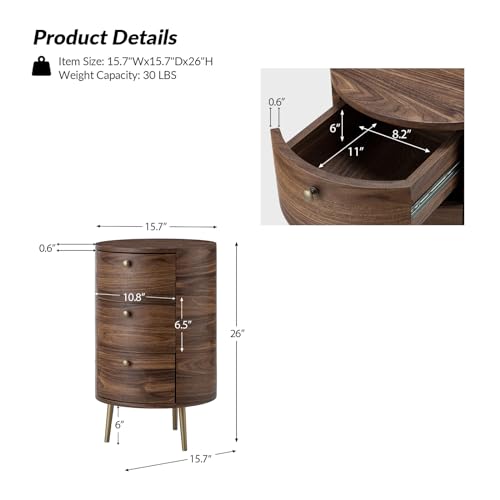 HULALA HOME Round End Table with 3 Storage Drawers, Mid Century Modern Sofa Side Table with Metal Legs, Farmhouse Wood Small Side Table for Living Room, Bedroom and Small Spaces, Walnut - color: Walnut