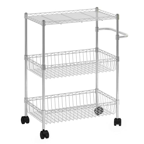 Chrome 3 Tier Rolling Storage Cart, Metal Wire Kitchen Cart with Baskets & Handle, Utility Trolley on Wheels for Kitchen, Bathroom, Laundry, Pantry & Office - color: Sliver